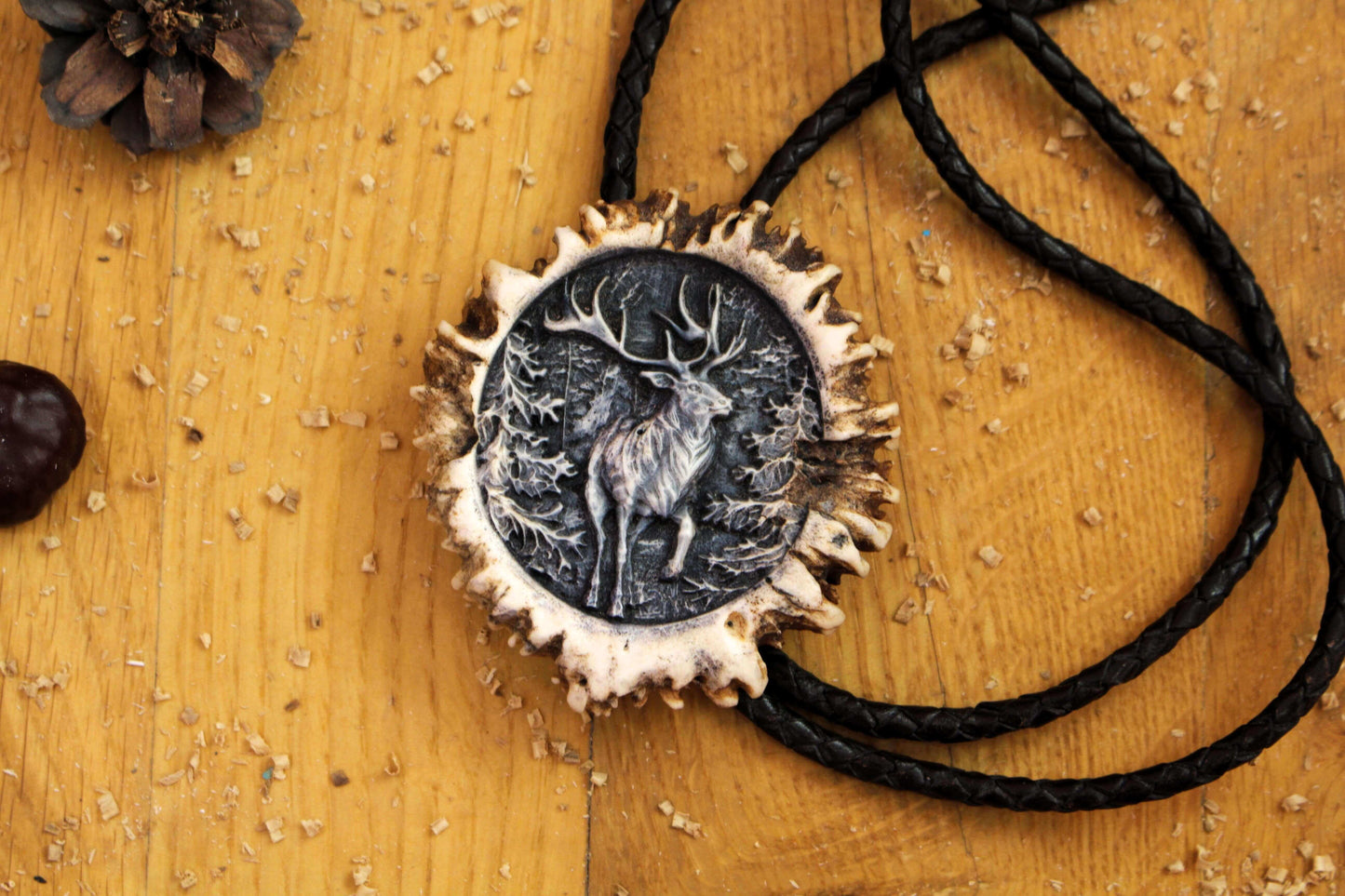 Antler Bolo Tie designed with a Running Deer image