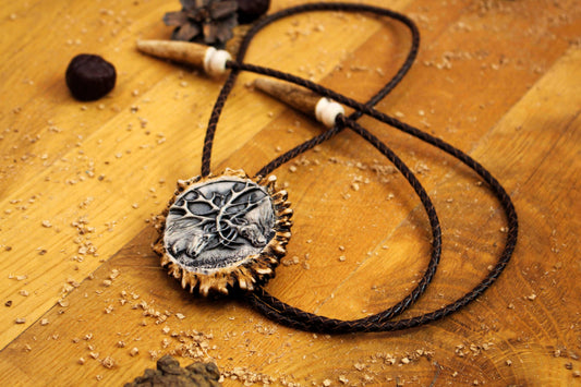 Bolo Tie handcrafted from Deer Antler with Unique Fighting Deer Design