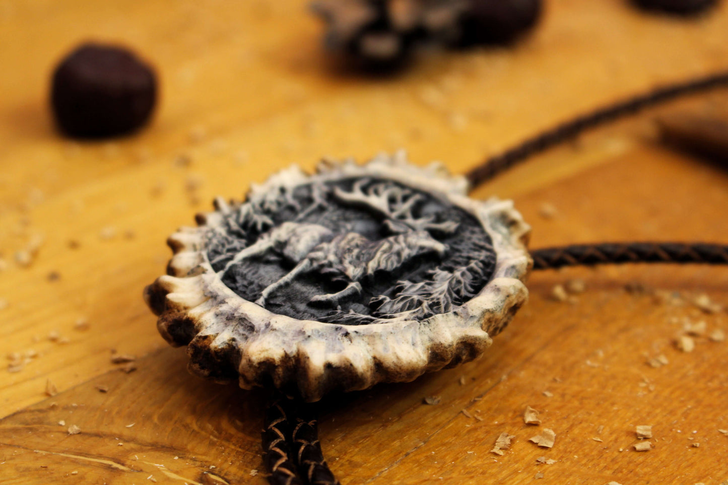 Deer Antler Bolo Tie close up featuring a Elegant Deer design