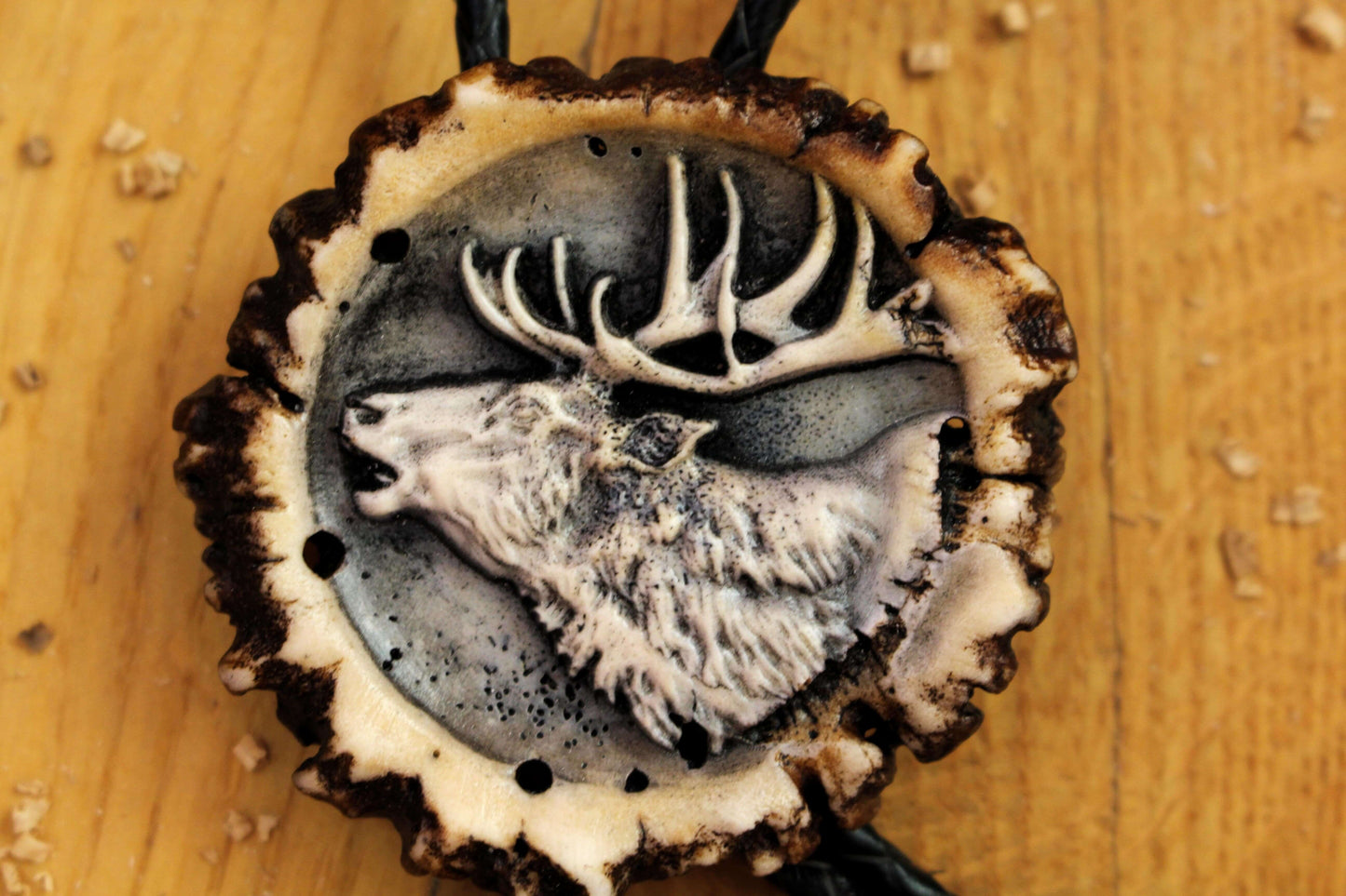 Close up of Bolo Tie design featuring Deer Portrait