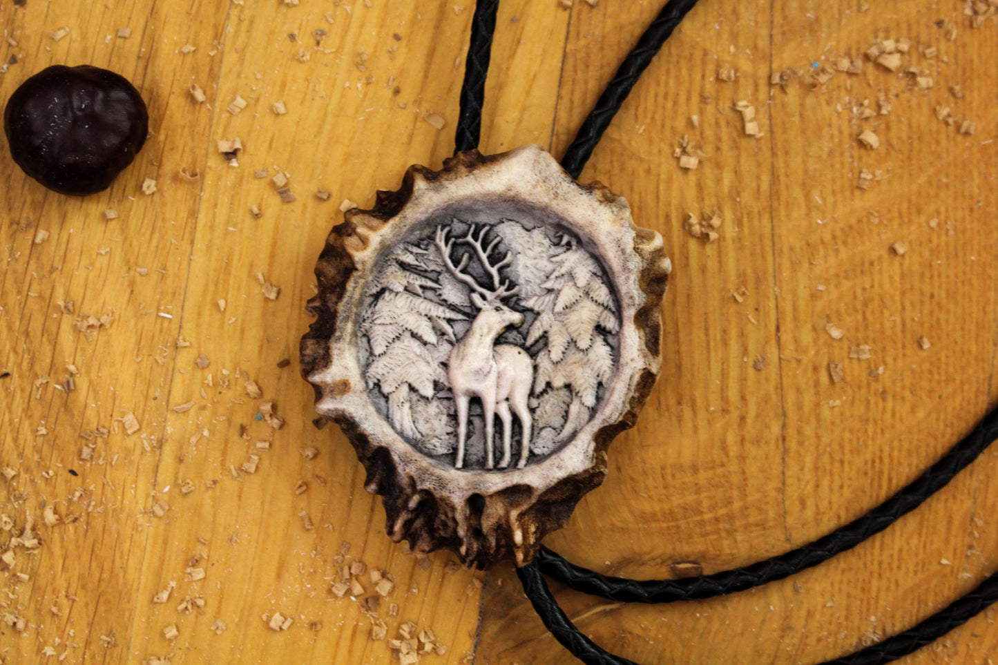 Bolo Tie made from Antler with zoomed in Standing Deer design