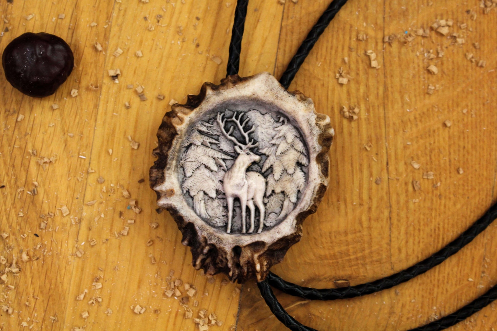 Bolo Tie made from Antler with zoomed in Standing Deer design