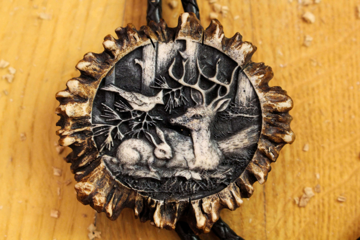Zoomed in Antler Bolo Tie picture, with a unique Nature Eidyllion image