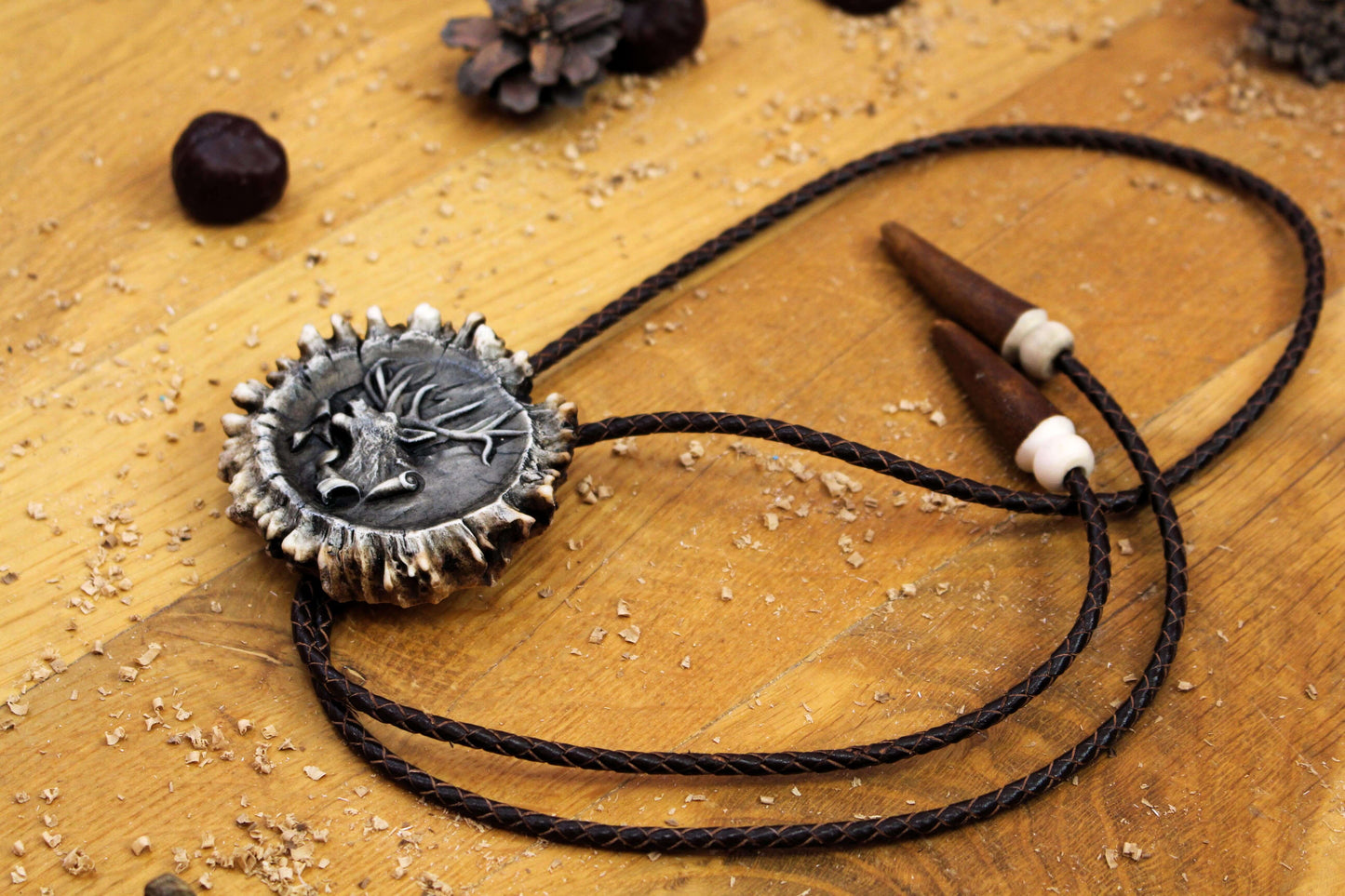 Handmade Deer Antler Bolo Tie with leather cord and Deer Horn tips with a unique design