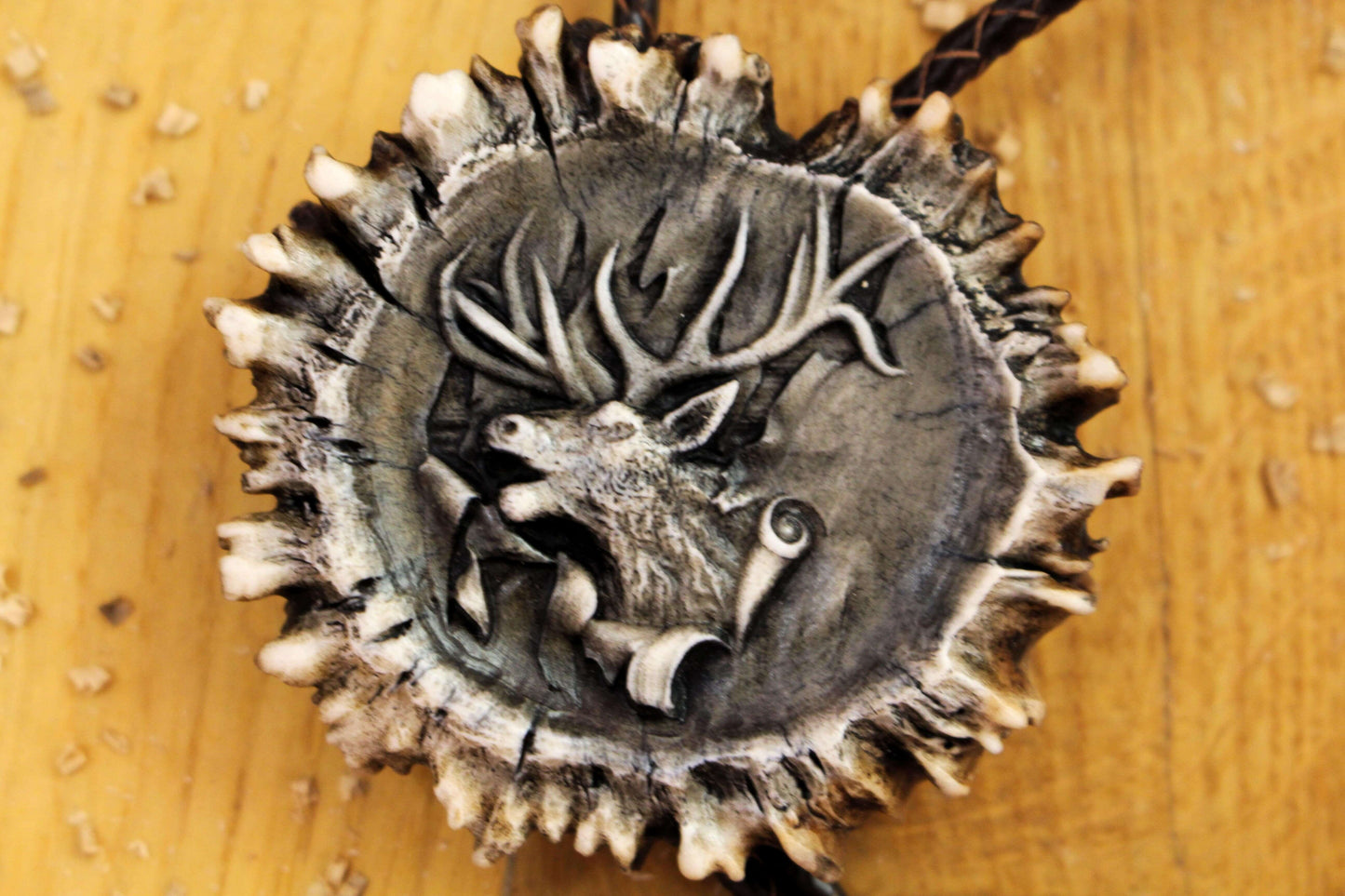 Handcrafted Bolo Tie close up image which is made from Deer Antler