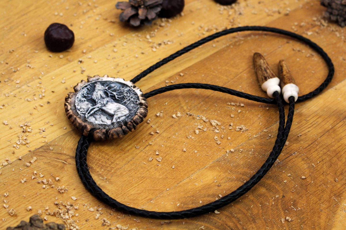 Bolo Tie handcrafted from Deer Antler, featuring an exquisite Roar of Deer image