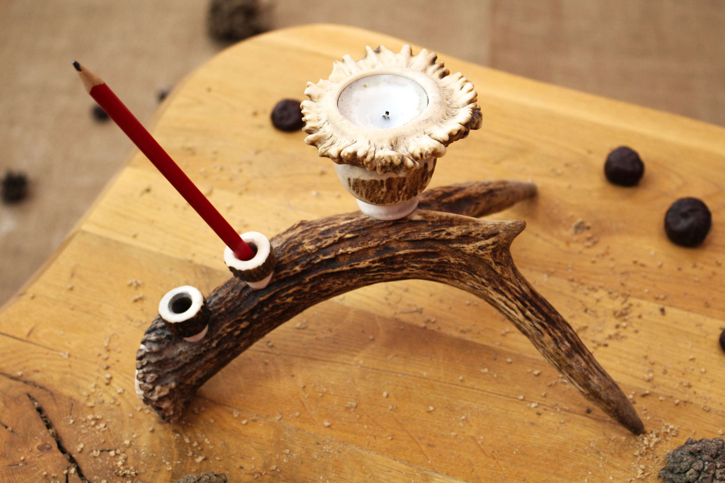 Handmade Moose Antler Candlestick Holder with pen holder